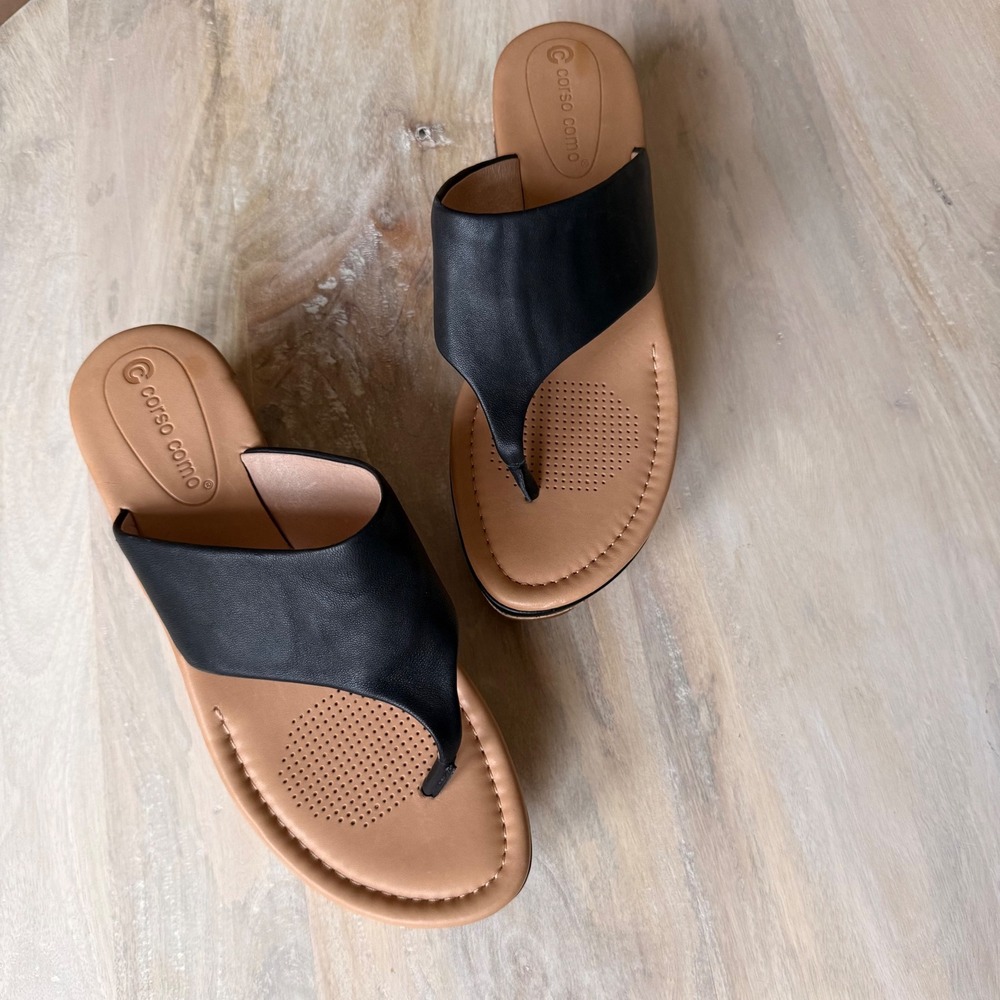 Black leather Wedge Sandals Womens 9 minimalist Cork Platform‎ Thong summer chic